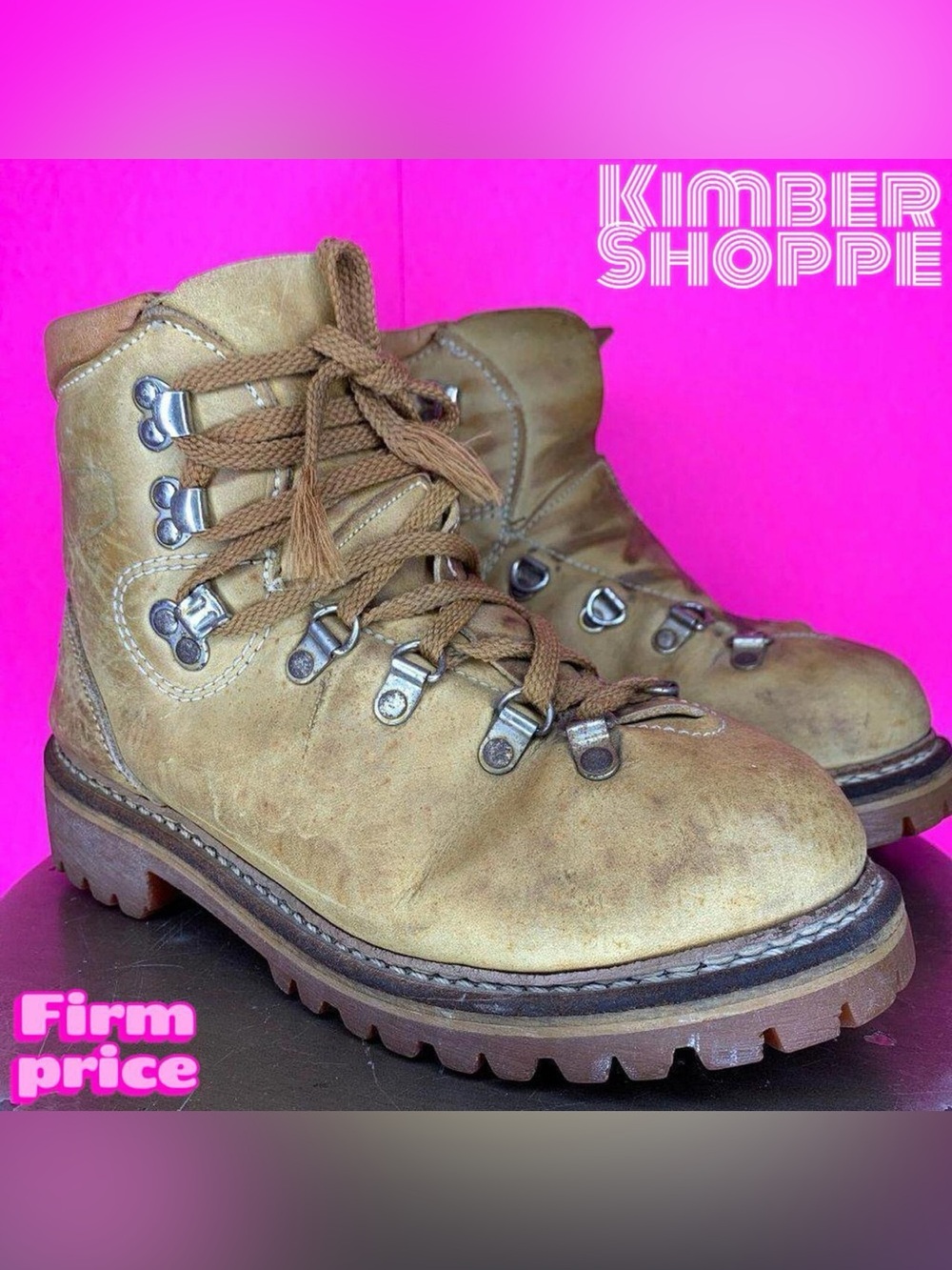 Vintage Dunham Tan Leather Chunky Lug Sole Steel Toe Hiking Boot US 6.5 UK 4.5